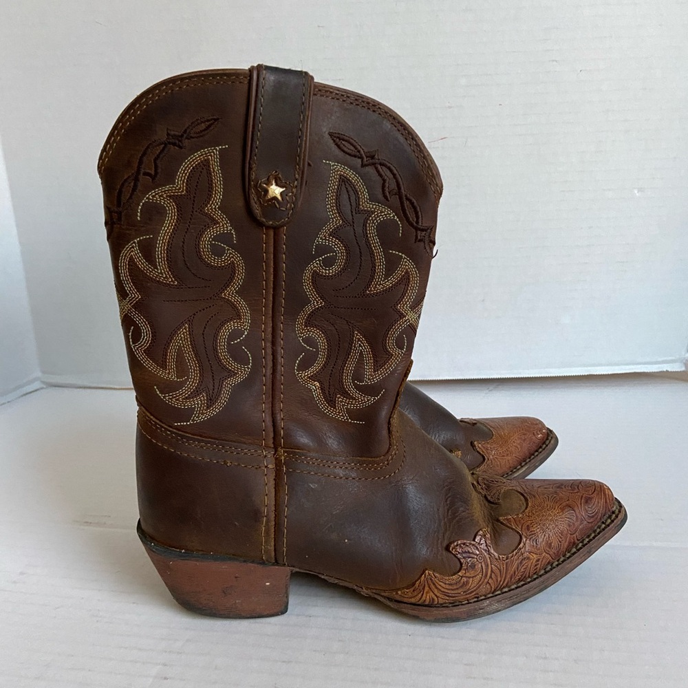 Tony Lama Cowboy Boots Brown Western Stitched Mens Leather Pull Shoes Sz 3.5D